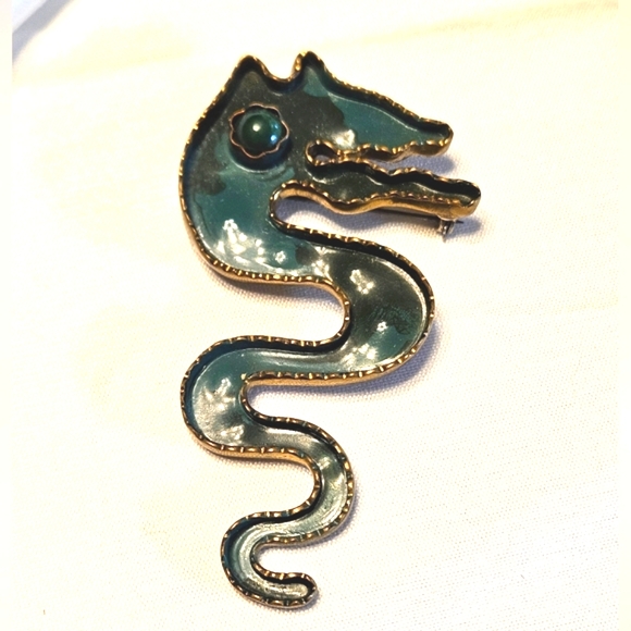 Vintage Casa Maya By Hubert Harmon Brass Enamel Green Dragon Brooch/Pendant - Picture 1 of 10